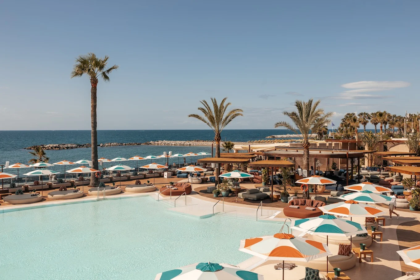 Ocean Club Marbella luxury beach club with large pool sunbeds and sea views in Puerto Banus