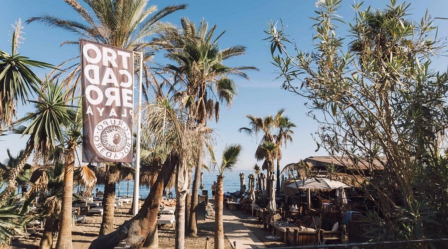 Trocadero Playa Marbella beach club entrance with palm trees and beachfront terrace
